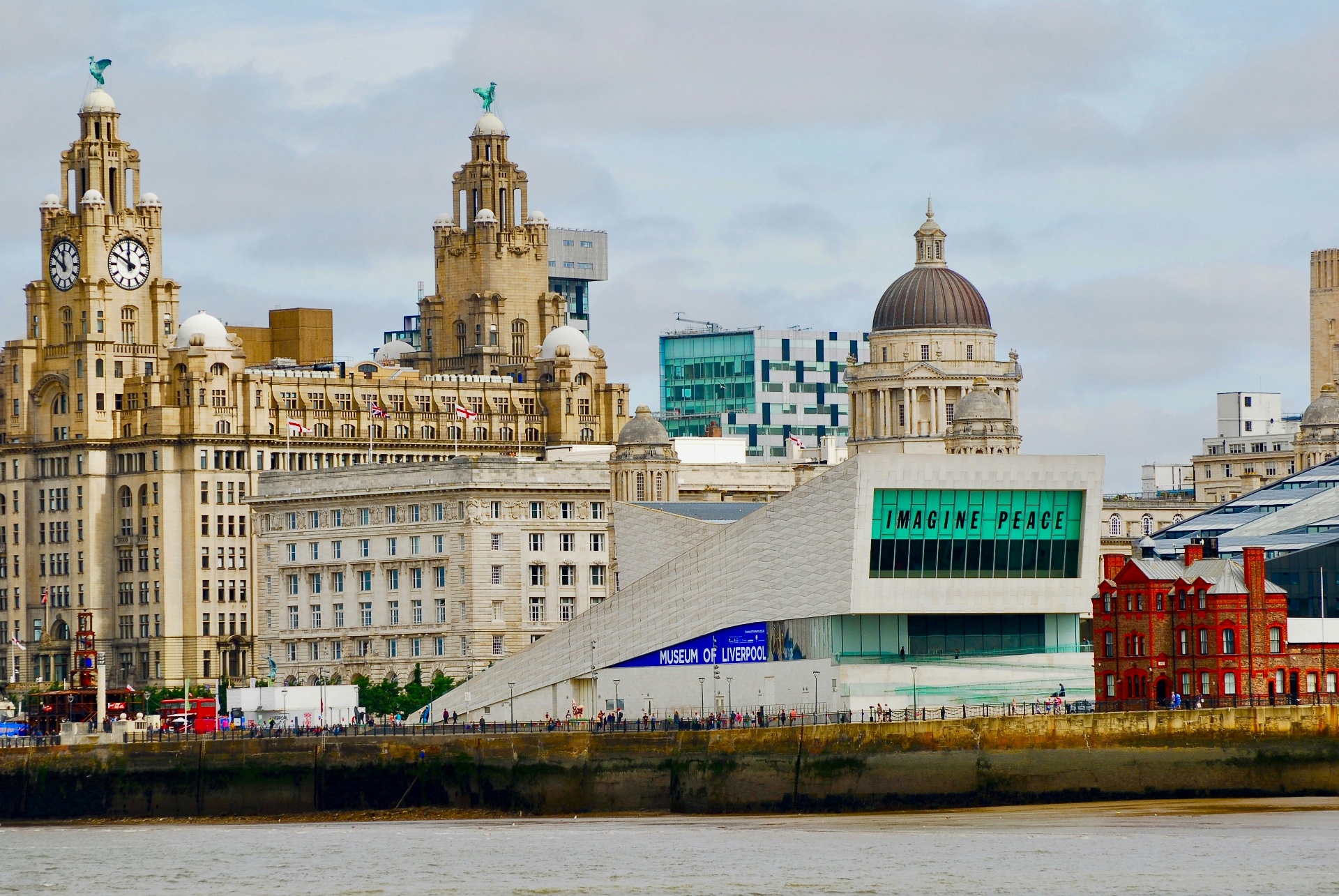 Liverpool waterfront with the Royal Liver Building, Port of Liverpool Building and Museum of Liverpool