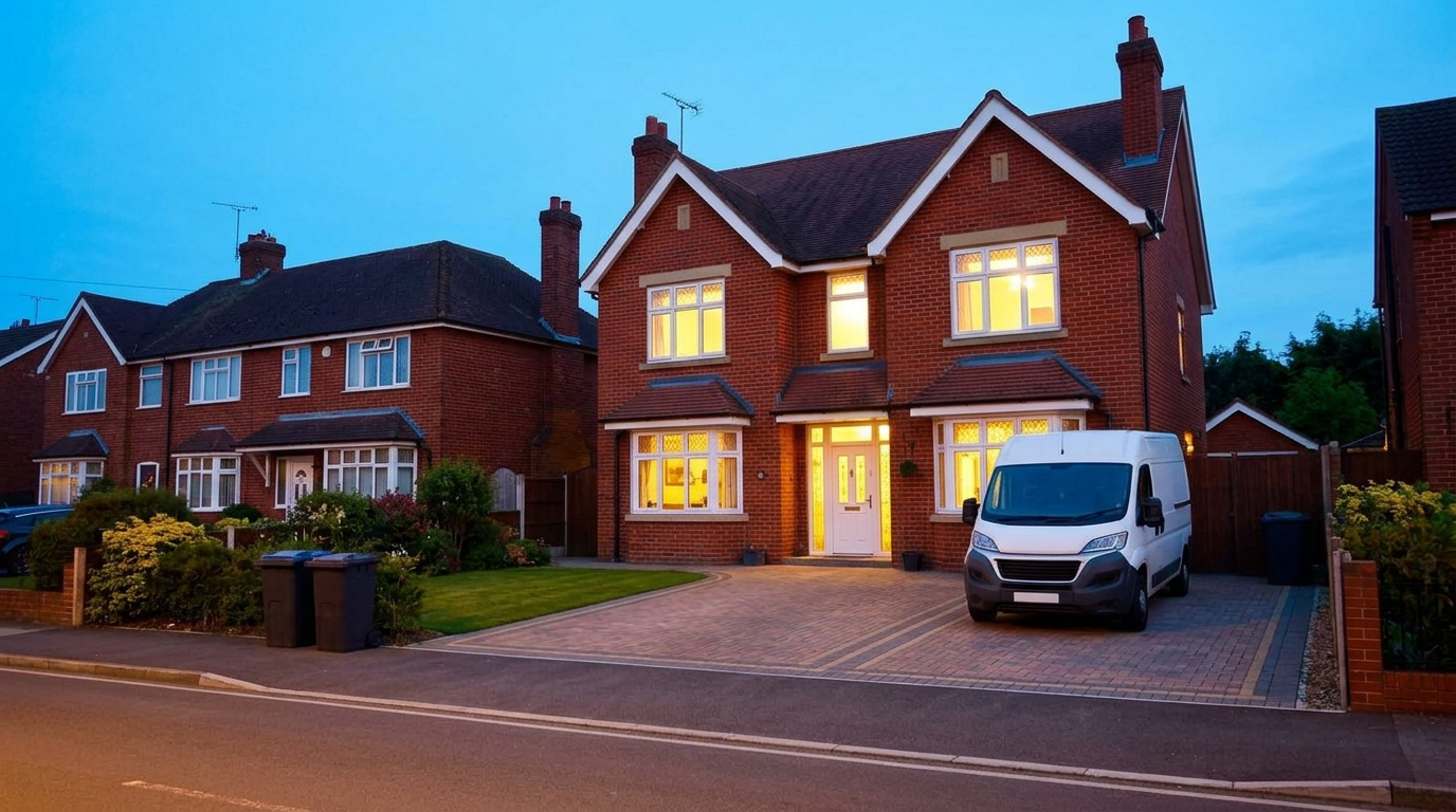 A detached red-brick house at dusk with warm interior lights and a white work van parked on the driveway